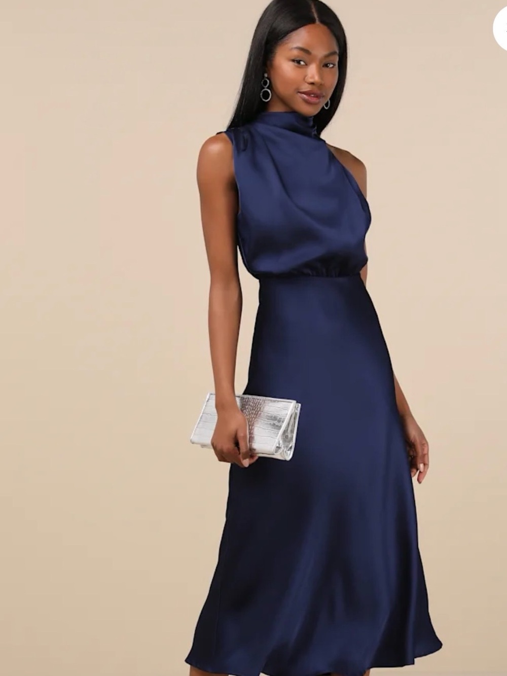 Lulu’s Navy Satin High-Neck Asymmetrical Midi Dress